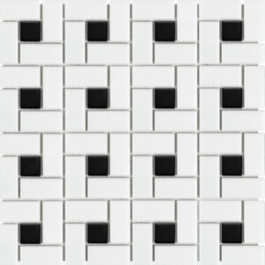 White matte with black dote pinwheel mosaics
