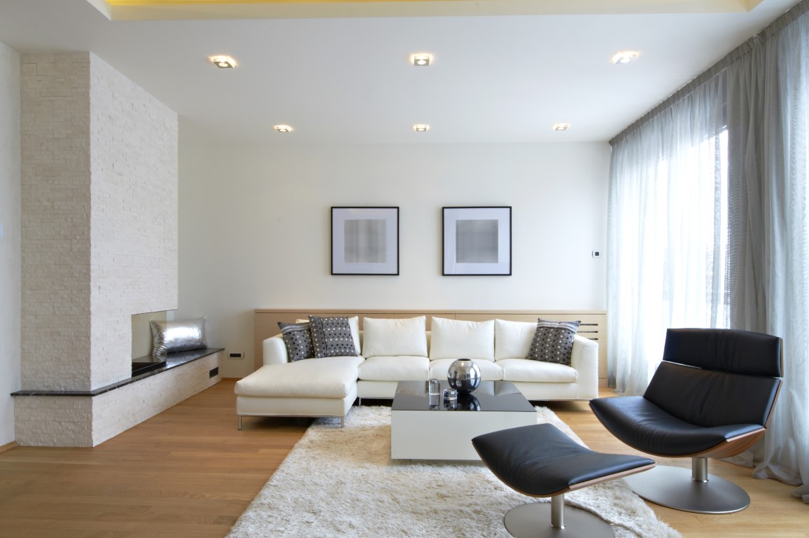 Image depicts a modern living room with new hardwood floors and a new area rug.