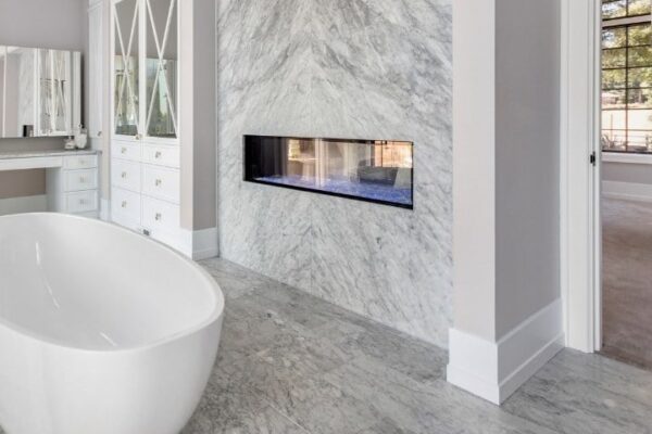 Image depicts a bathroom in a Brampton home with newly installed tiles.