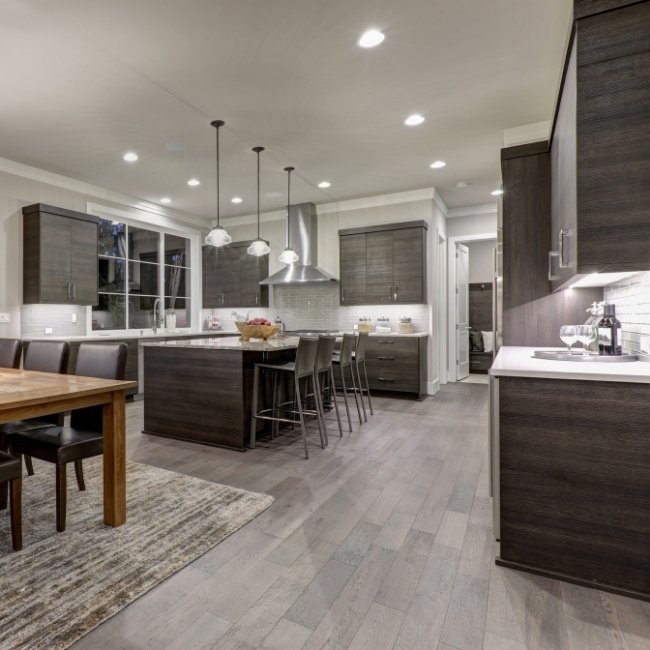 kitchen with grey birch hardwood floors