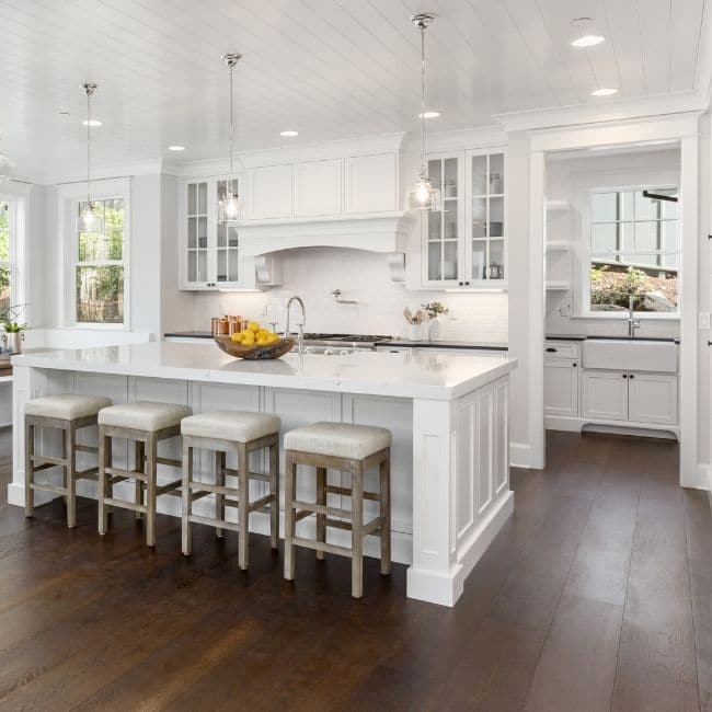 Image depicts a kitchen with American hickory hardwood flooring.