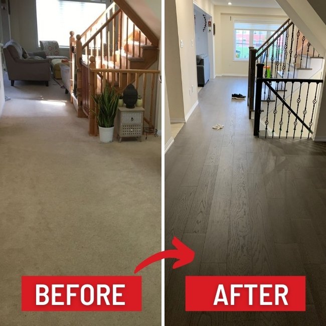 Image depicts before and after images from a engineered hardwood installation Brampton project.
