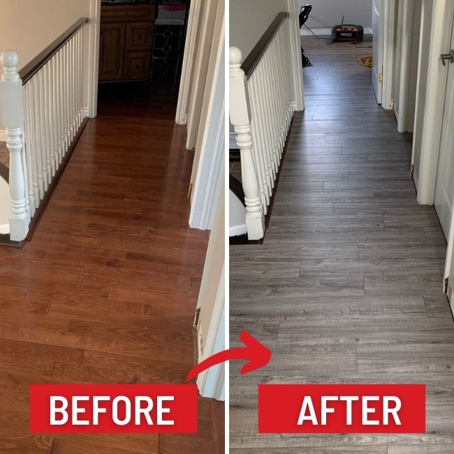 Image depicts before and after images from a recent laminate flooring installation project in Mississauga by Flooring Liquidators.