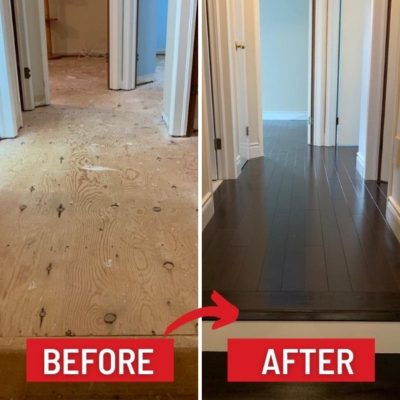 Image depicts before and after images from Flooring Liquidators' solid hardwood flooring installation project in London, Ontario.