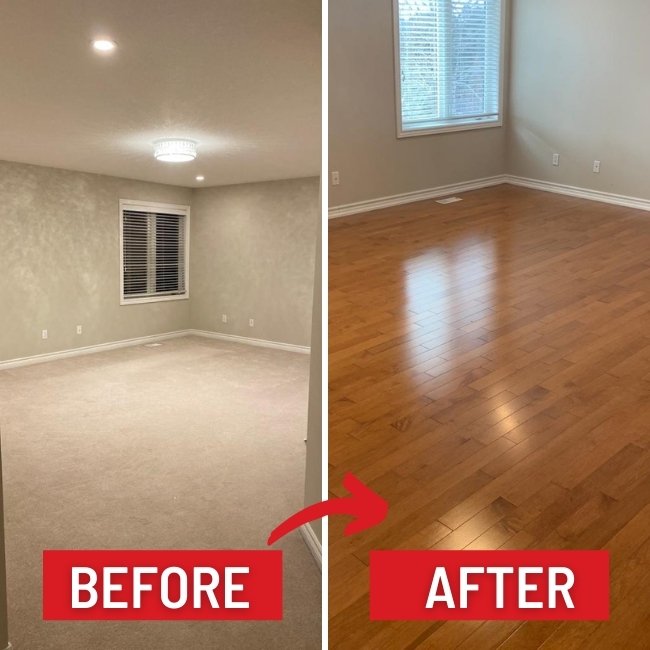 Image depicts before and after images from a solid hardwood flooring installation project in London, Ontario.