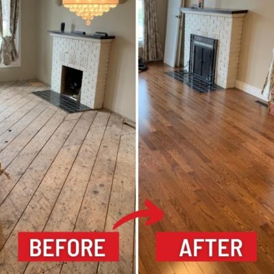 Image depicts before and after images from Flooring Liquidators' solid hardwood installation project in London, Ontario.