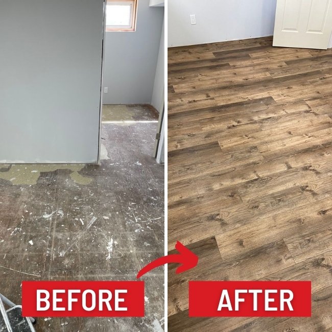 Image depicts before and after images from a vinyl flooring installation project in North York.