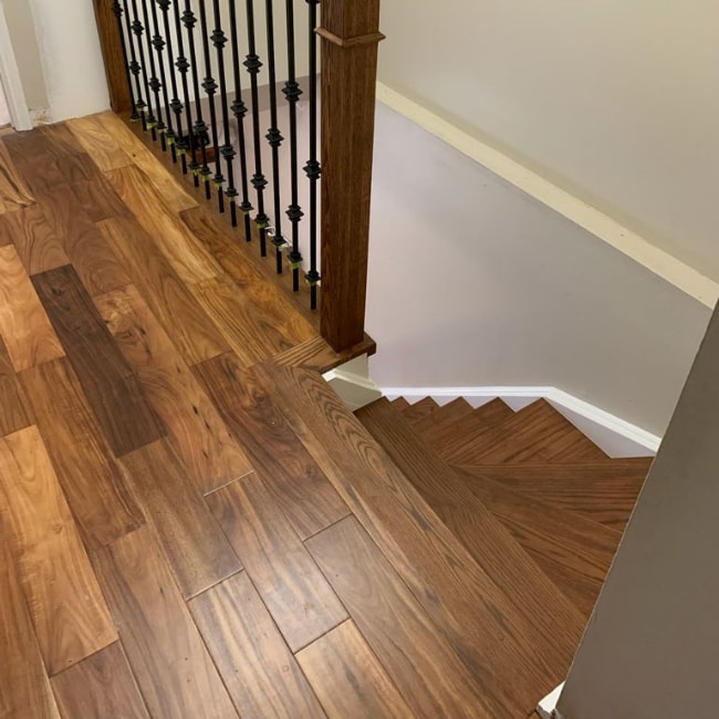 Image depicts new floors from an engineered hardwood flooring installation project in Brampton, Ontario.