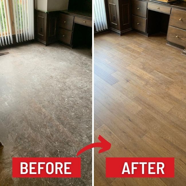 Image depicts before and after images from a engineered ahrdwood flooring installation project in London, Ontario.