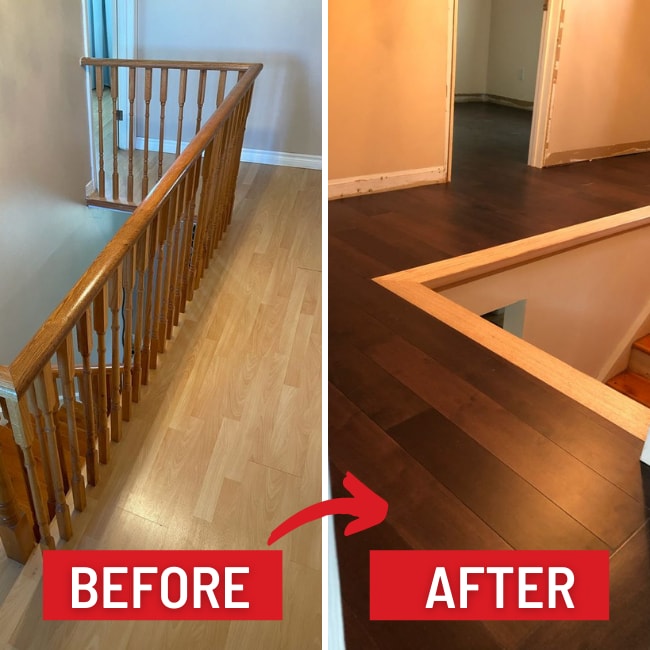 Image depicts before and after images from an engineered hardwood flooring installation project in Scarborough, Ontario.