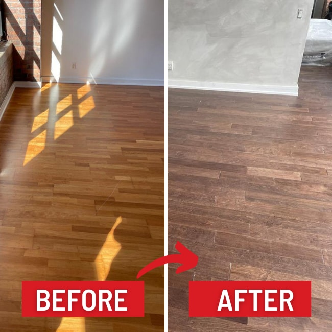 Image depicts before and after images from a engineered hardwood flooring installation project in Toronto, Ontario.