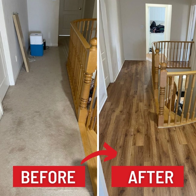 Image depicts before and after images from a laminate flooring installation project in Mississauga, Ontario.