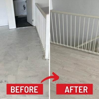 Image depicts before and after images from a laminate flooring installation project in Toronto, Ontario.