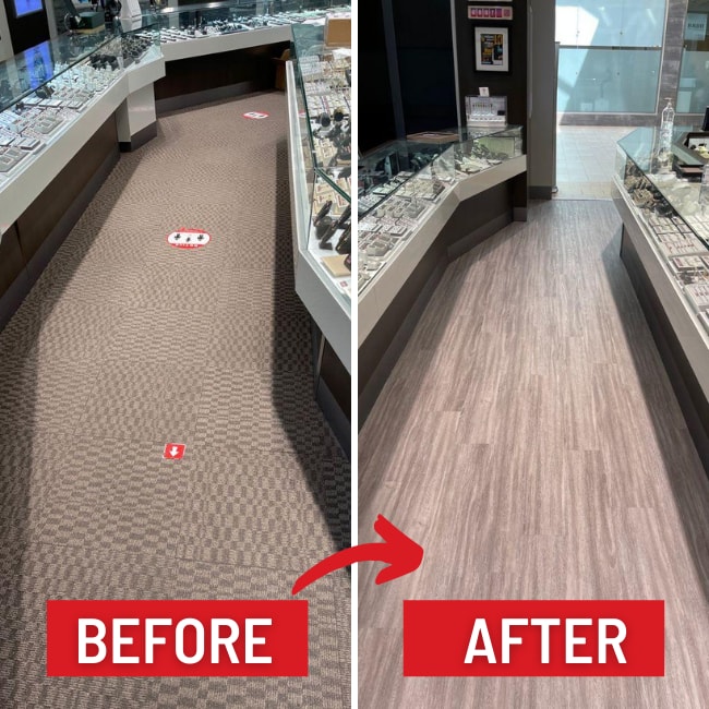 Image depicts before and after images from a loose lay vinyl glue down flooring installation project in Brampton, Ontario.