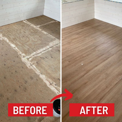 Image depicts before and after images from a loose lay vinyl flooring installation project in London, Ontario.