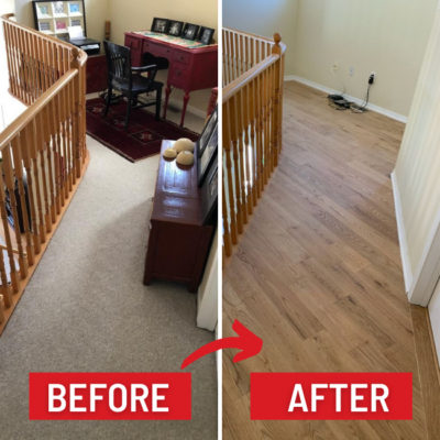 Image depicts before and after images from a solid hardwood flooring installation project in Georgetown, Ontario.