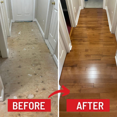 Image depicts before and after images from a solid hardwood flooring installation project in London, Ontario.