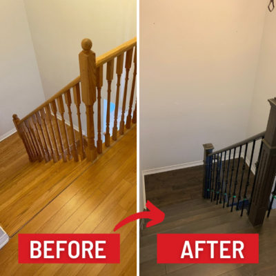 Image depicts before and after images from a solid hardwood flooring installation project in Richmond Hill, Ontario.