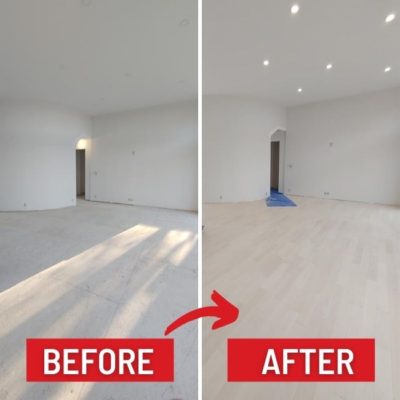 Image depicts before and after images from a solid hardwood flooring installation project in Sarnia, Ontario.