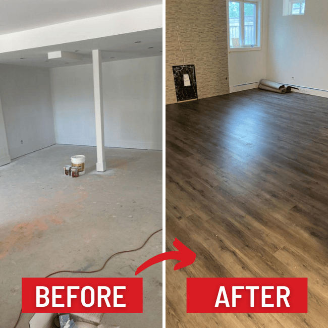 Image depicts before and after images from a vinyl and carpet installation project in Nobleton, Ontario.