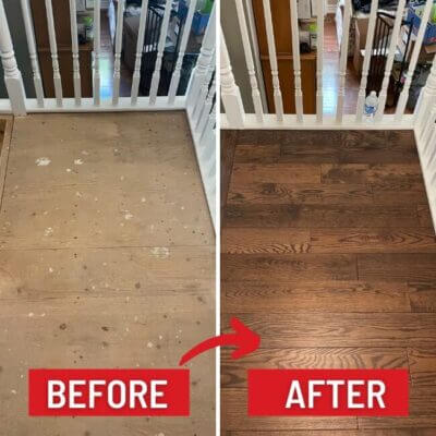Image depicts before and after images from a solid hardwood flooring installation project in London, Ontario.