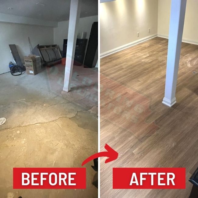basement concrete floors replaced with vinyl floors transformation