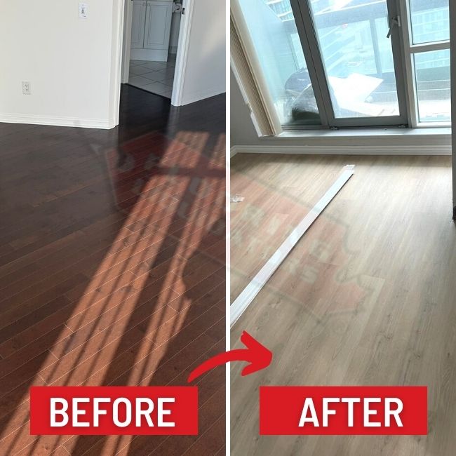 replacing old brown floors with light brown vinyl transformation