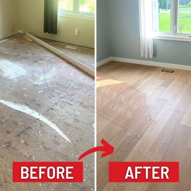 installing engineered hardwood in bright home before after