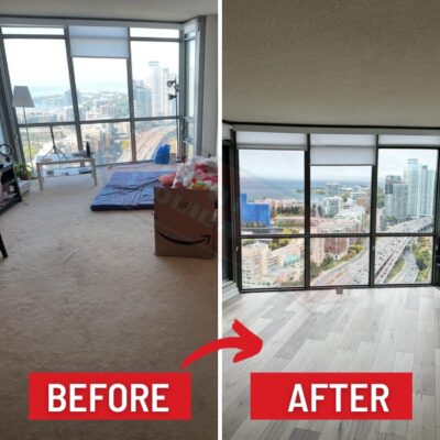 replacing carpet with laminate in condo before after